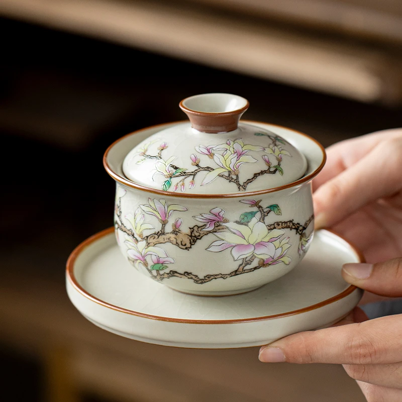 汝窑米黄玉兰三才盖碗可悬停旋转茶具防烫泡茶碗家用高端单个陶瓷