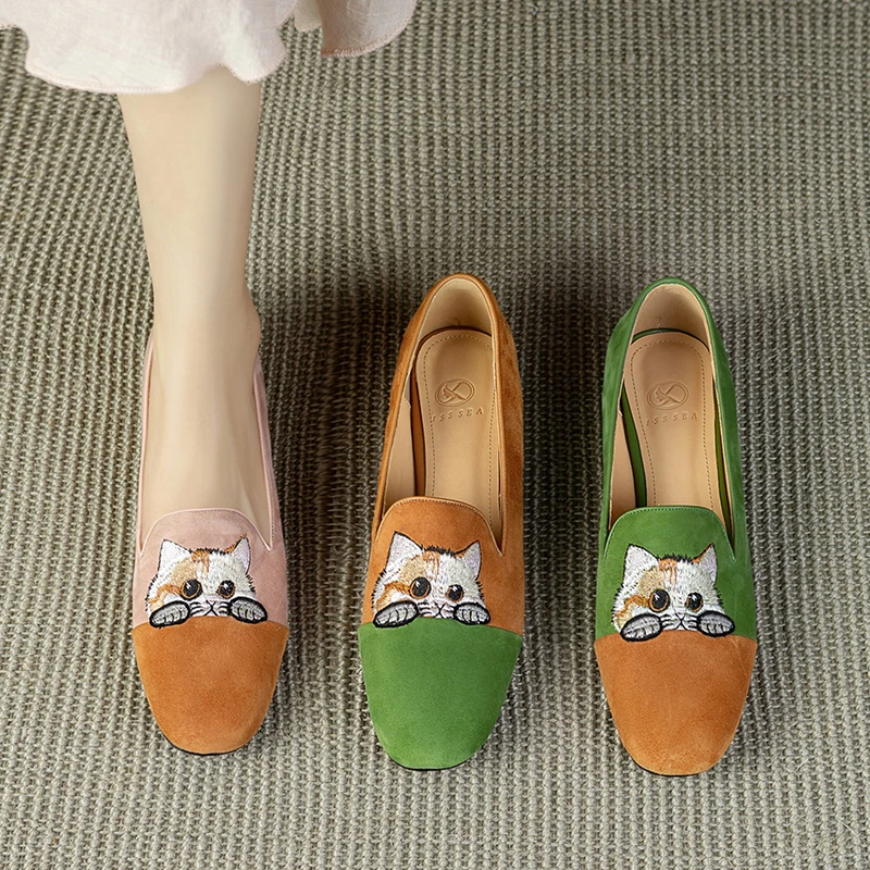 2.5公分/刺绣小猫时尚低跟乐福鞋女简约平底舒适一脚蹬单鞋