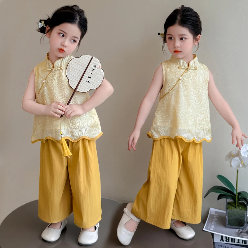 女童夏装套装2025新款儿童中国风两件套女宝宝薄款阔腿裤中式衣服