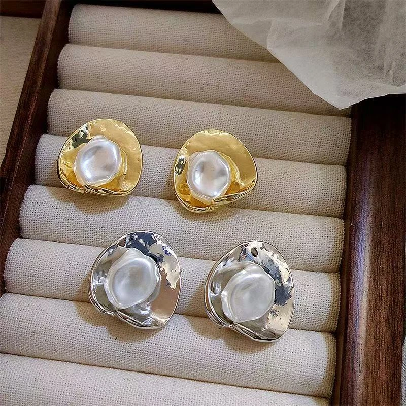 合金仿珍珠耳饰 复古时尚百搭金属不规则合金耳环新款珍珠耳钉