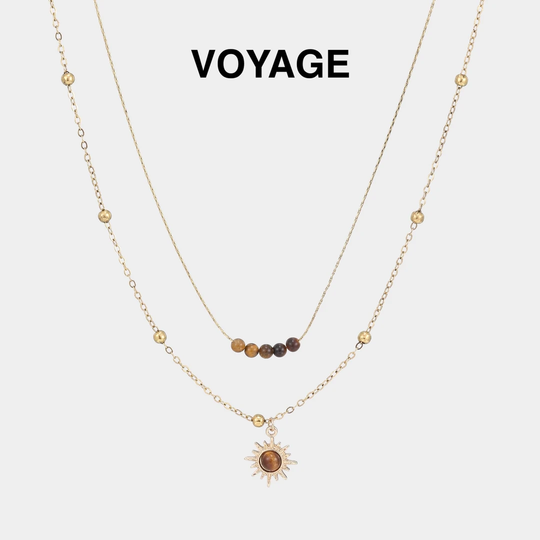 铜合金项链 金色太阳花虎眼吊坠项链女串珠锁骨链叠戴毛衣链配饰