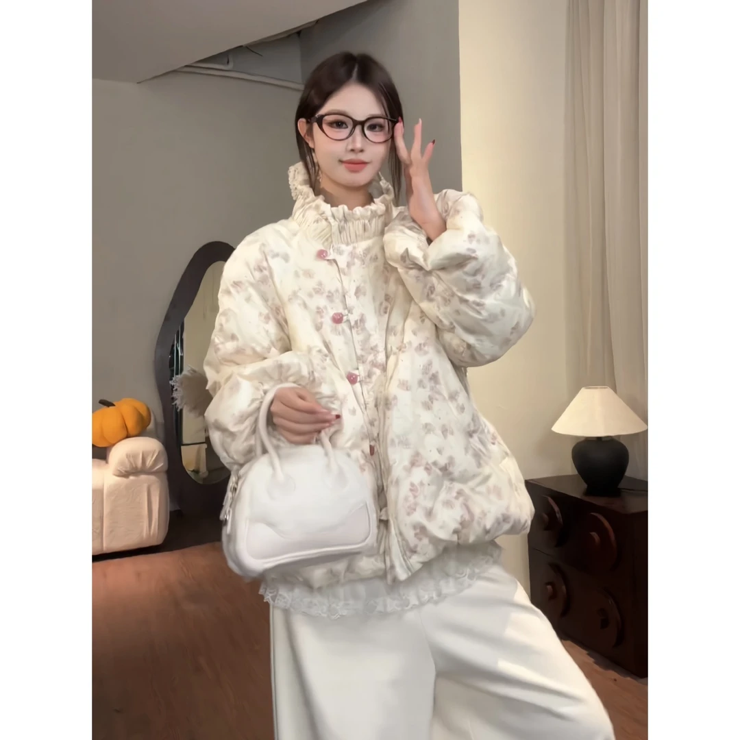 棉服【蔓越莓】粉色立体印花刺绣花苞棉服女冬宽松短款外套30188