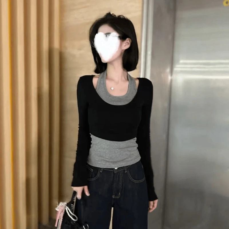 2025早秋新款套装挂脖背心+长袖T恤显瘦百搭上衣女