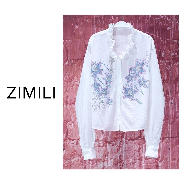 【亮哥女装】2025月光白重工烫钻木耳领休闲重工设计衬衫9260