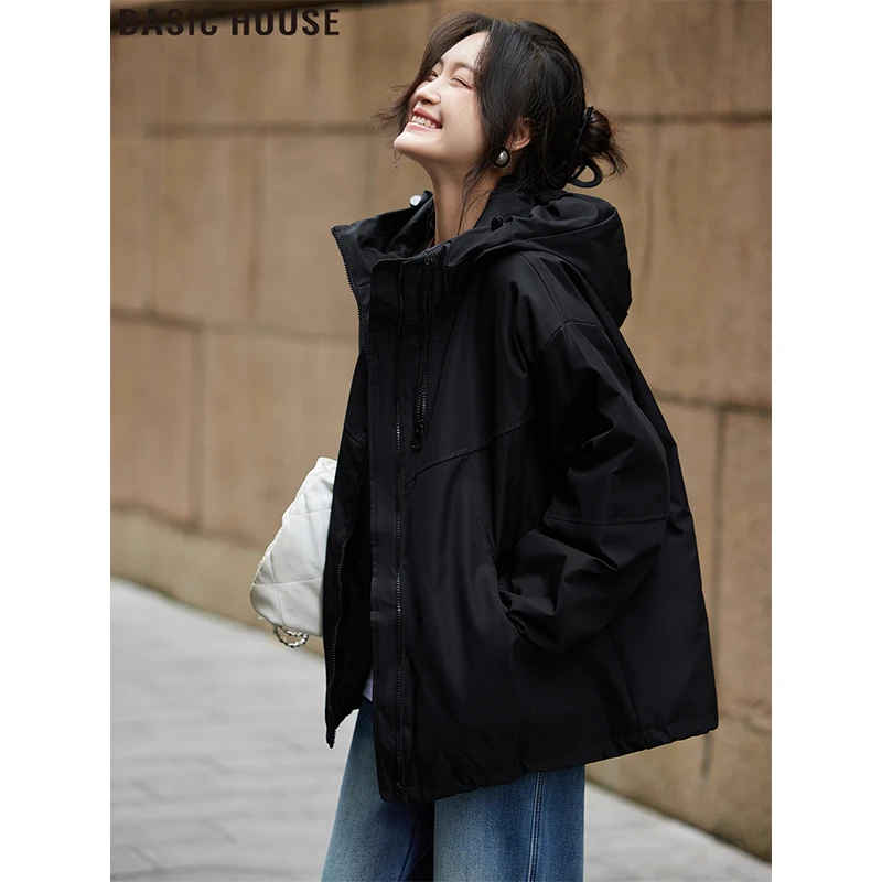 Basic House/百家好黑色连帽外套宽松运动开衫夹棉上衣女2025秋冬