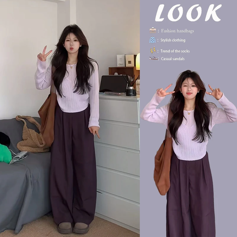 今年流行漂亮套装2025新款女简约百搭长袖针织衫阔腿休闲裤两件套