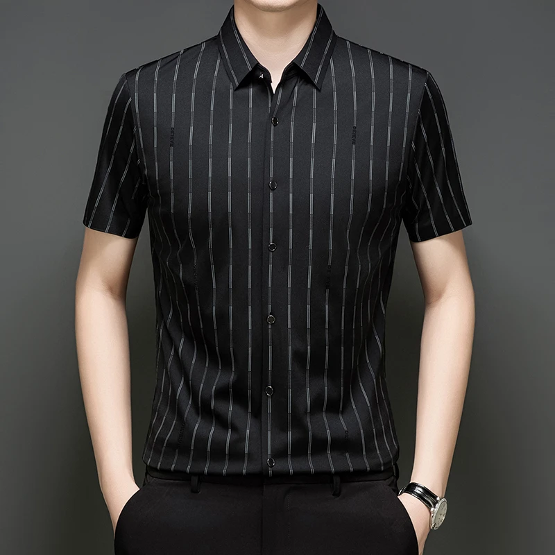 老爷车衬衫夏季短袖轻奢条纹轻薄透气凉爽高弹力抗皱无痕商务男装