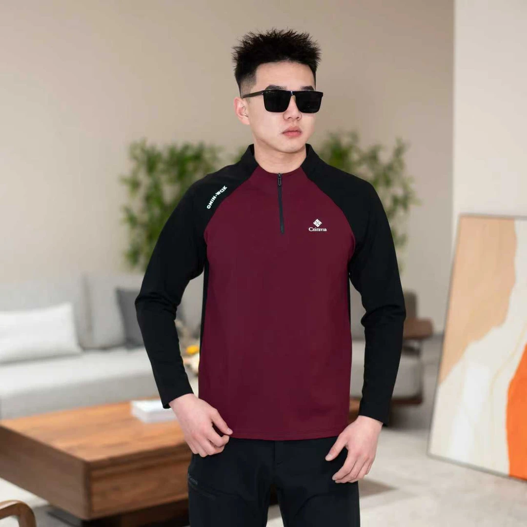 ceiravia 加绒系列 撞色红色男士半拉链保暖长袖打底衫休闲上衣