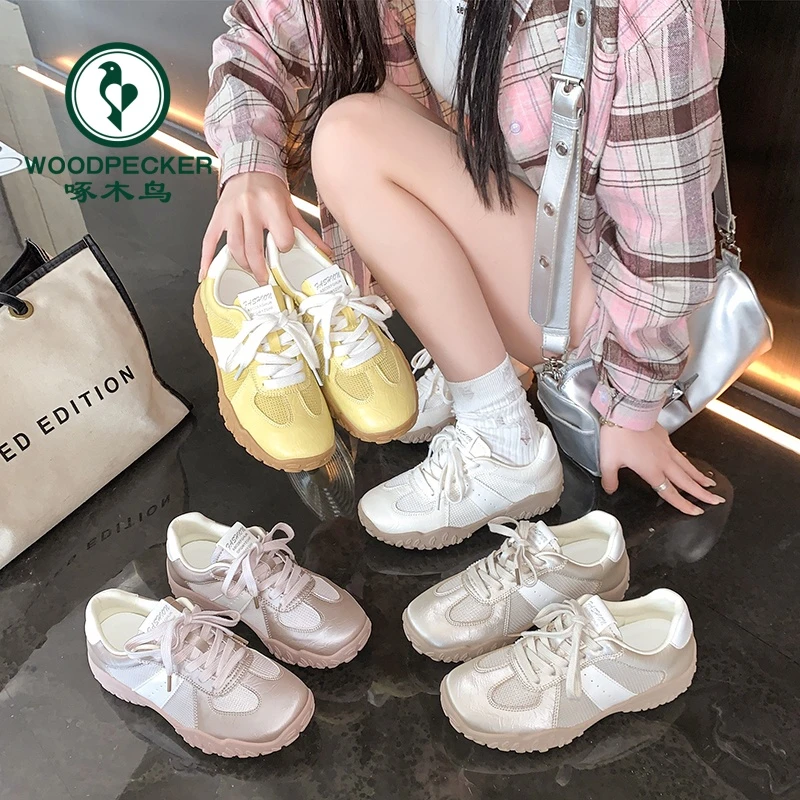啄木鸟新款网面透气徳训鞋女2025时尚厚底软底阿甘鞋运动休闲鞋潮