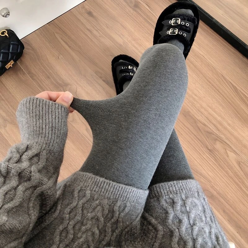 竖条纹秋冬季加绒烟灰色连裤袜女加厚咖啡色打底裤袜保暖踩脚袜yw