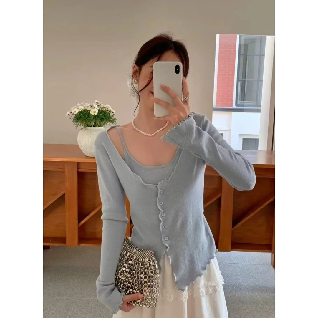 XD613#无法拒绝的温柔感~韩系气质针织假两件开衫上衣