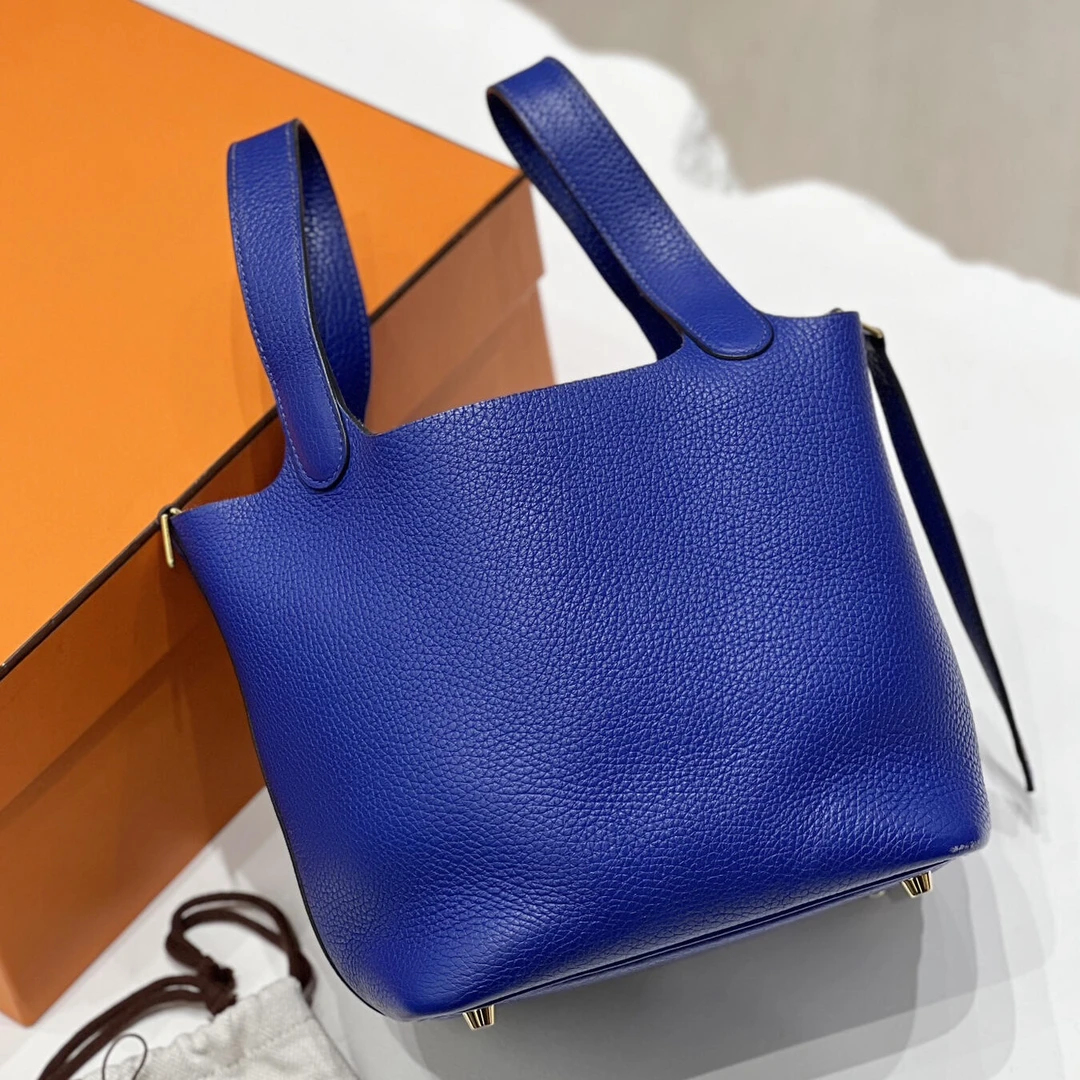 99新 Hermes/爱马仕 菜篮子18电光蓝金扣tc皮Y手提包8148031