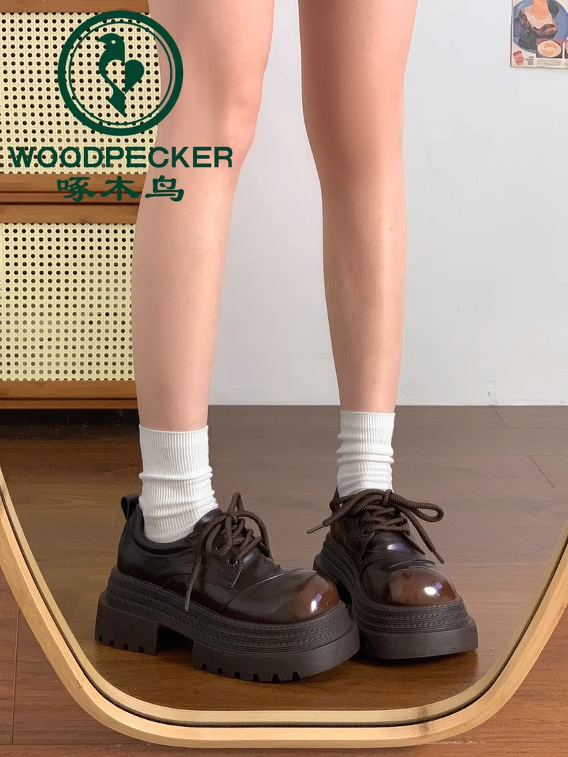 啄木鸟大头厚底小皮鞋女2025新款春季百搭增高英伦风复古系带单鞋