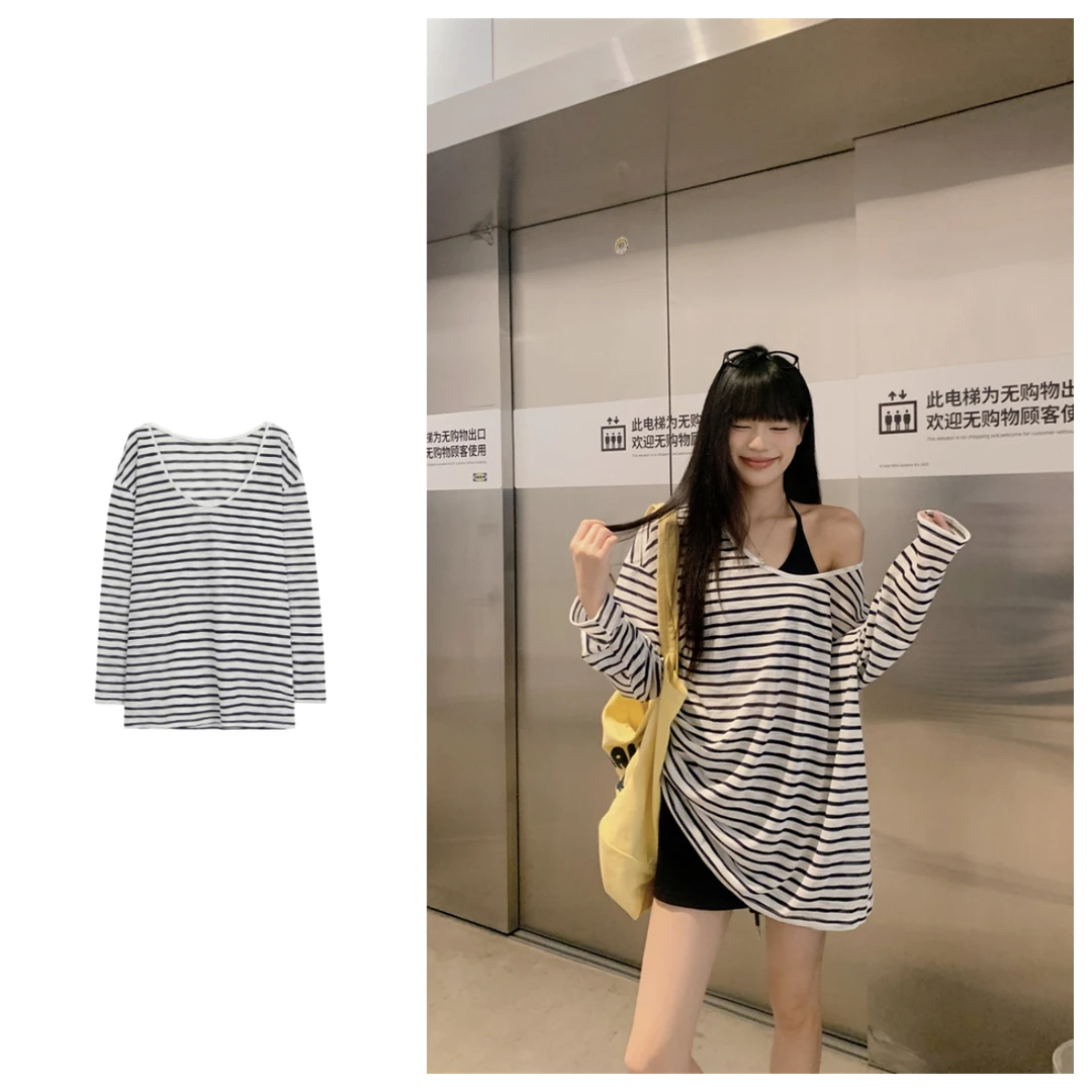 韩系慵懒条纹斜肩长袖T恤女夏季吊带两件套宽松薄款防晒罩衫上衣