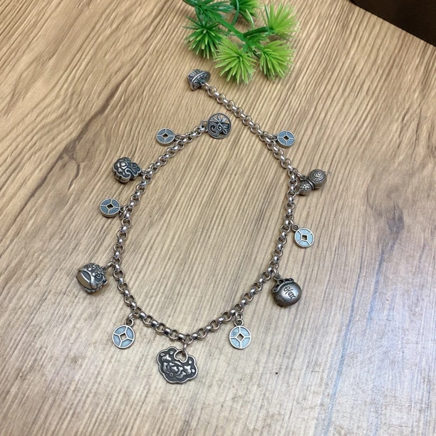 925银脚链 英英手工錾刻银脚链