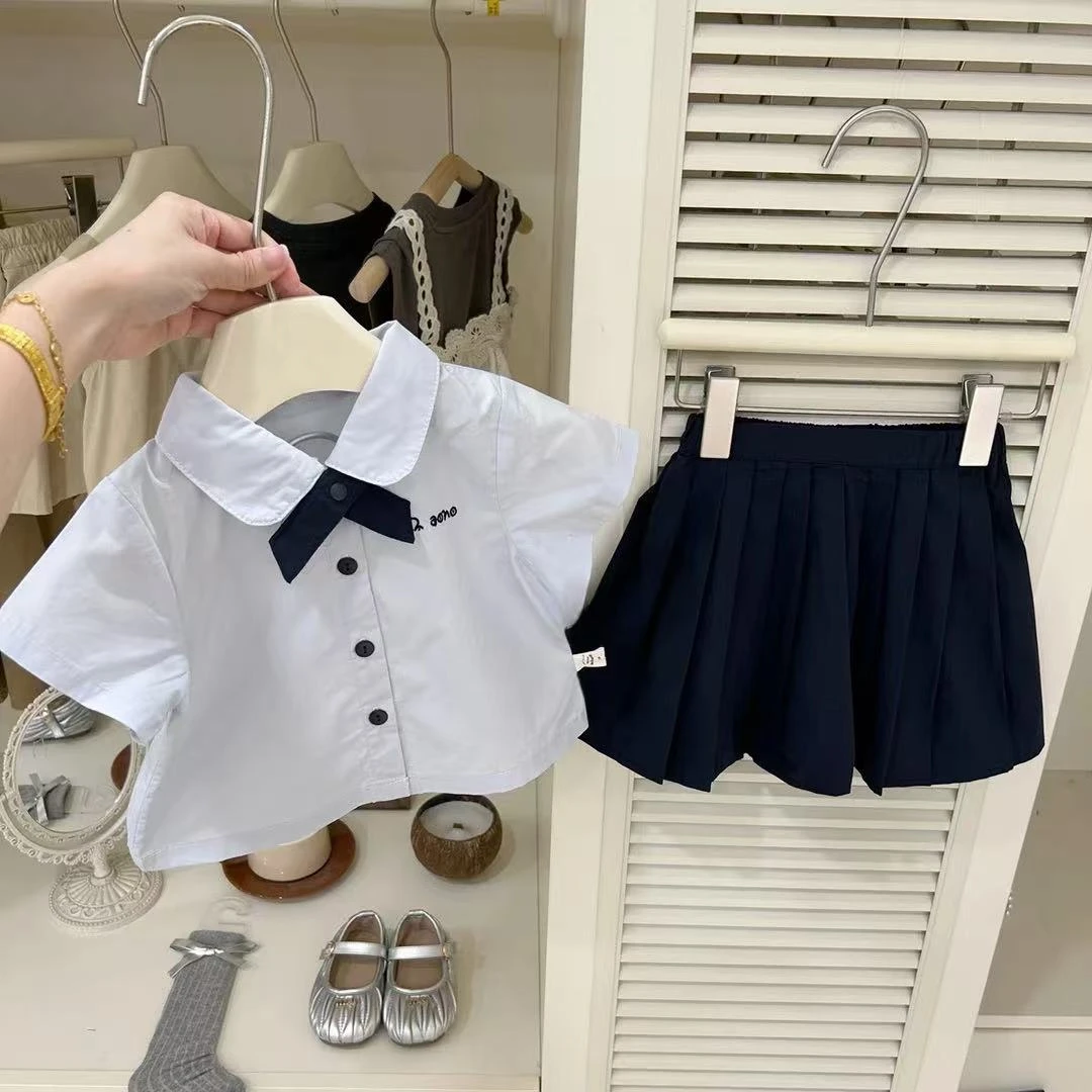 2025新款女童夏季新款日系蓝色学院风上衣短袖衬衫半身裙套装