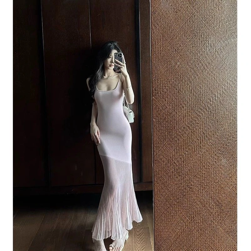 夏季法式收腰中长款针织欲女质性感吊带气质连衣裙拼接风气鱼尾裙