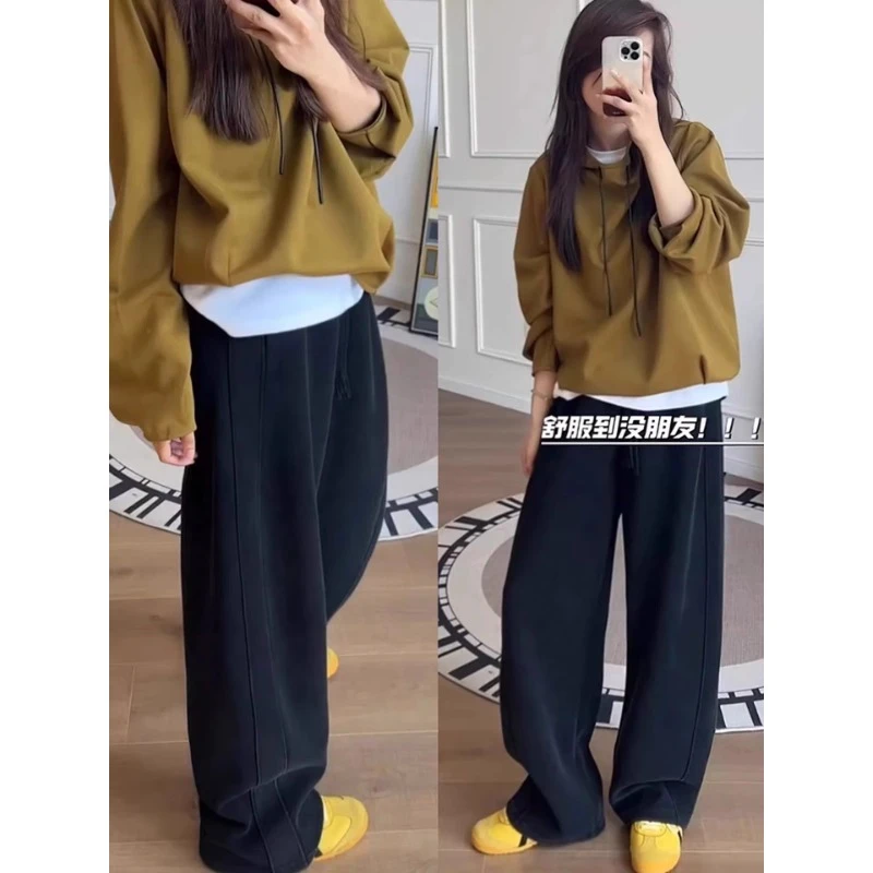 黑色加绒弯刀阔腿裤女大码女装秋冬新款胖妹妹mm宽松显瘦休闲卫裤