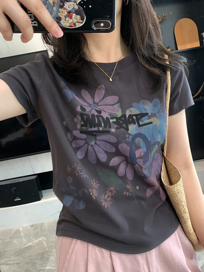 女式短袖圆领深灰色T恤女2025新款夏季显瘦设计感印花洋气上衣