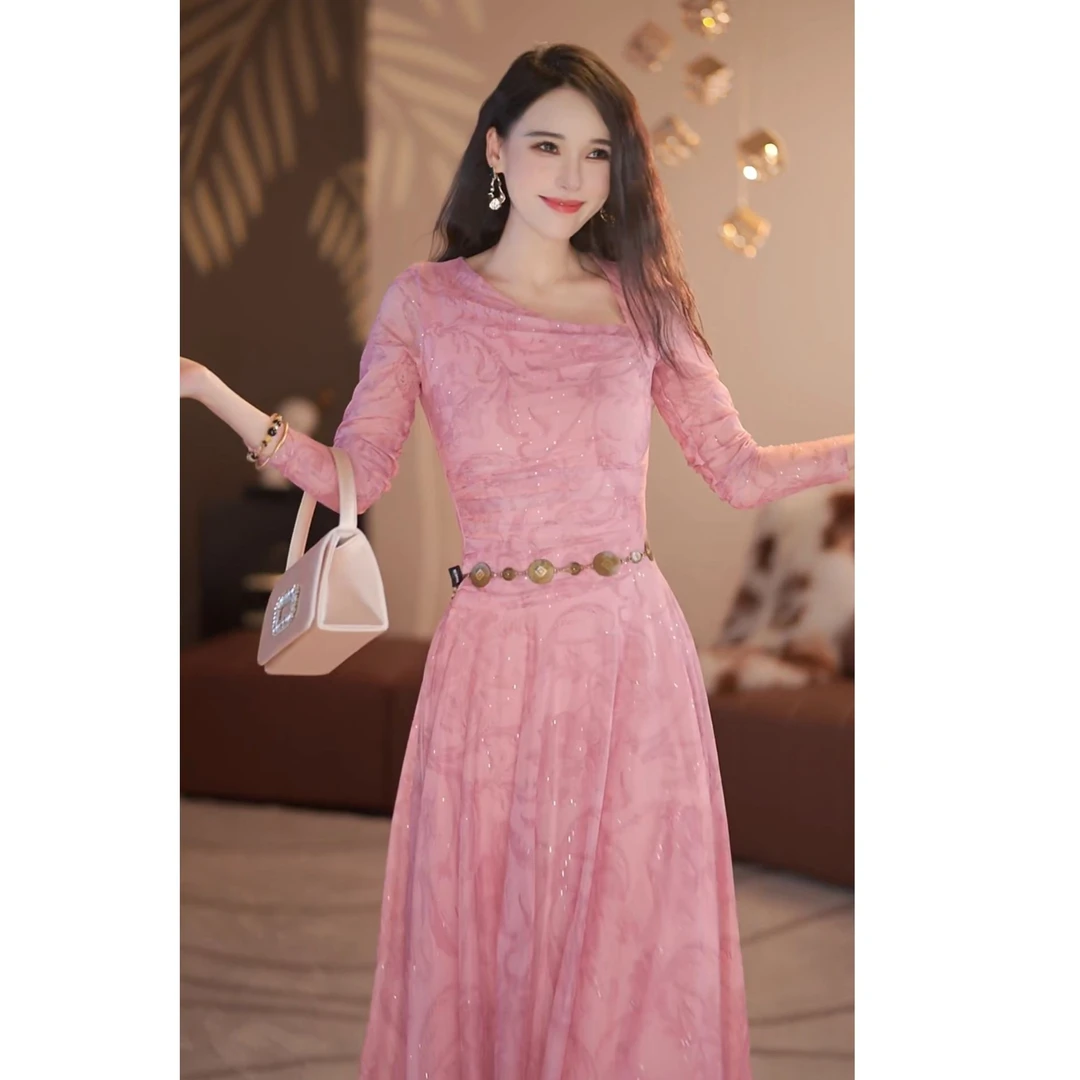 【静铉】穆斯女神 秋季新款高级显白A摆连衣裙（不含腰带）-YL11784