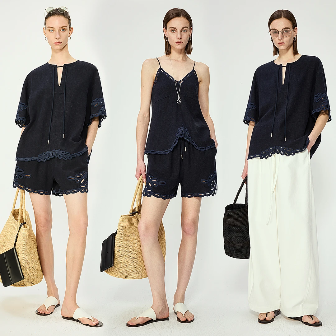 KEIGAN/开间亚麻重工镂空刺绣度假感宽无袖套装短袖运动针织休闲