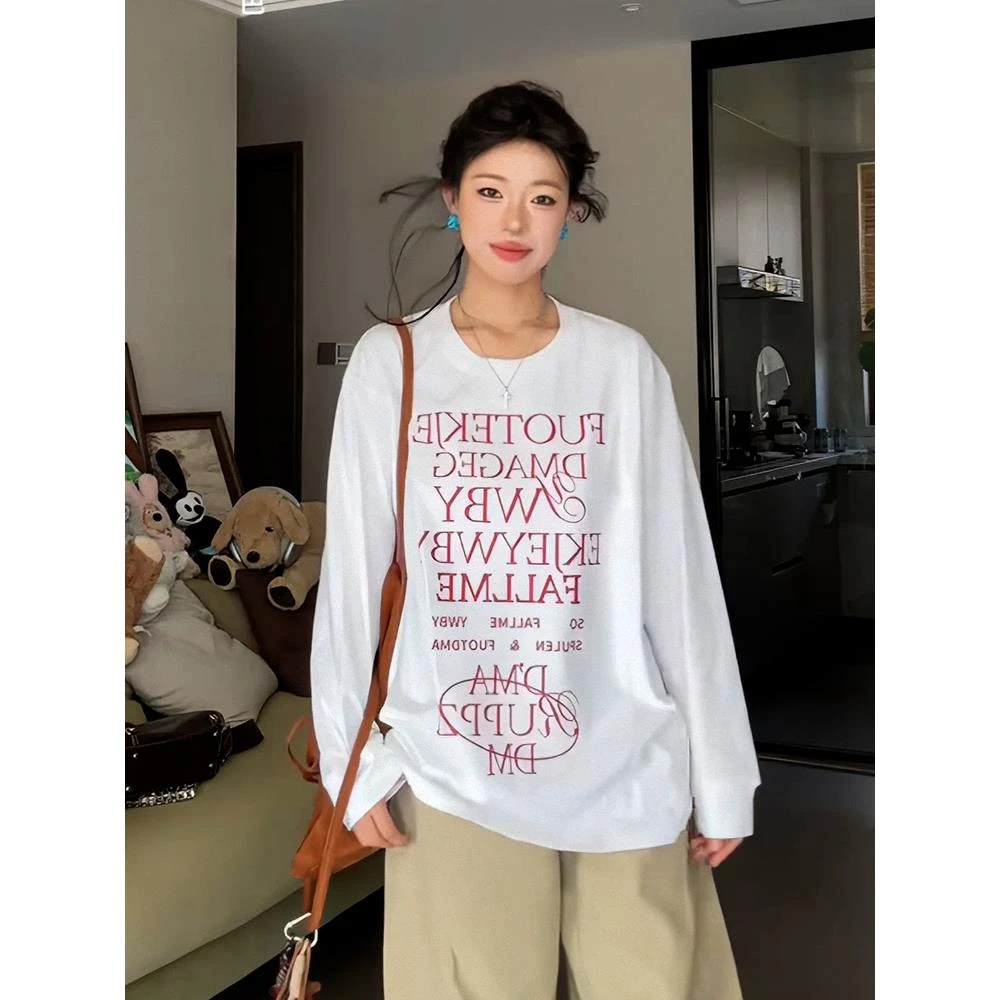 潮流oversize宽松休闲字母印花长袖t恤女2025韩系氛围感早秋上衣
