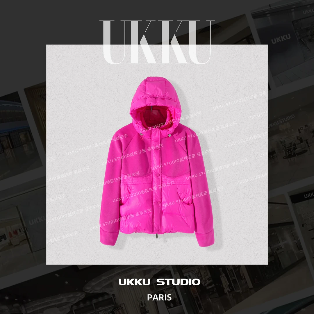 思錡【UKKUSTUDIO】秋冬时尚百搭棉服拼接显瘦连帽外套女装615099