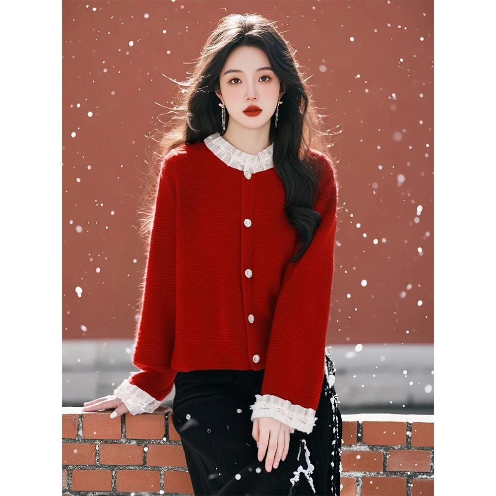 红色木耳边长袖针织开衫外套新年圣诞穿搭独特漂亮小香风短款