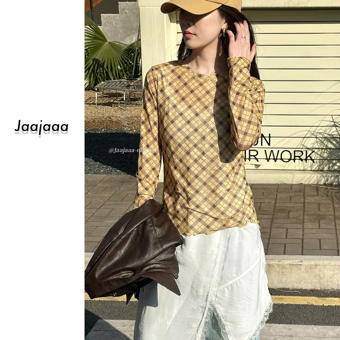 Jaajaaa海边落日 格子网纱圆领长袖打底上衣/BFXG