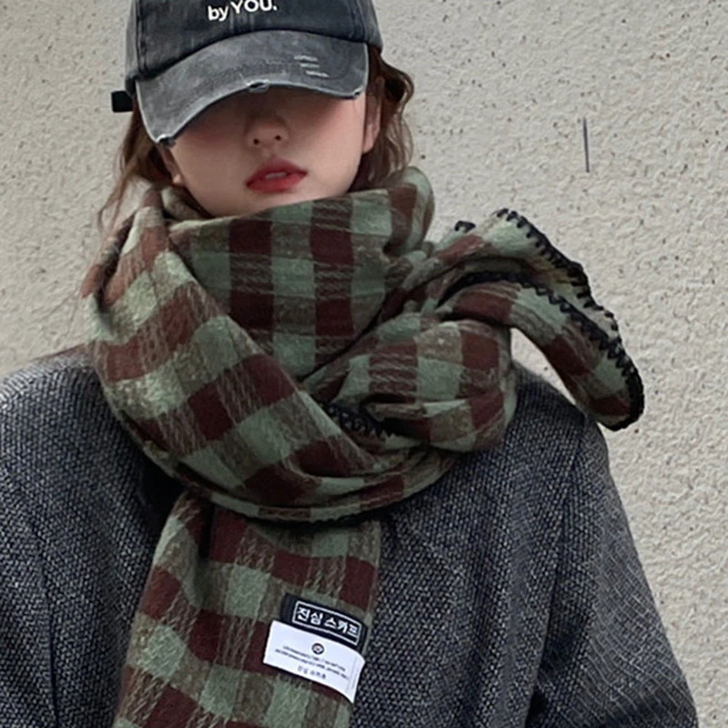 韩版加厚围脖侣格围巾秋冬季红款百搭保暖披肩两格子