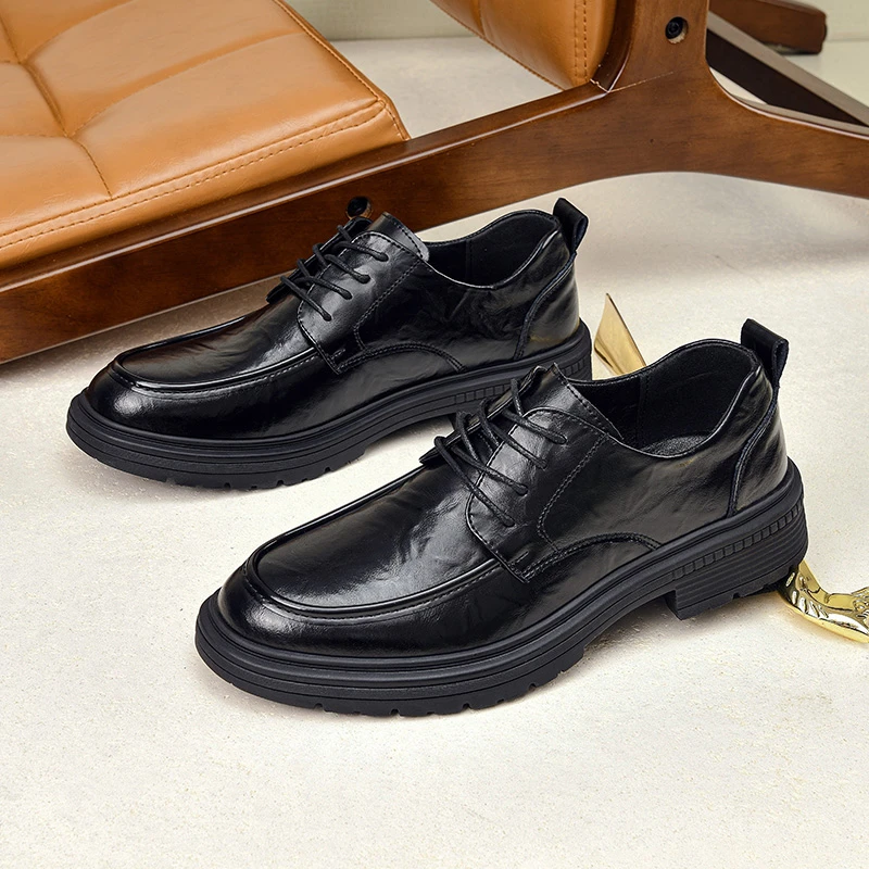 1611皮鞋男商务休闲系带圆头英伦风手抓纹时尚百搭透气新郎结婚鞋