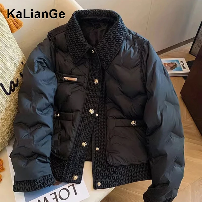 卡莲格/黑色Polo领拼接棉服短外套女冬季时髦气质羽绒手塞棉棉衣