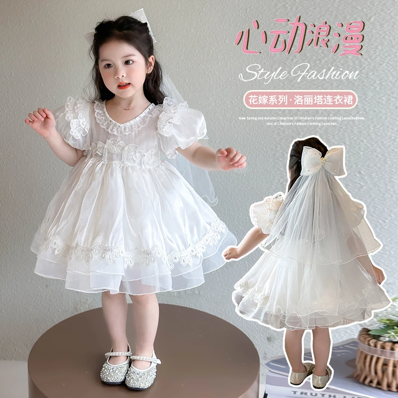 女童公主裙夏季儿童宝宝白色裙子连衣裙花童礼服生日洛丽塔蓬蓬裙