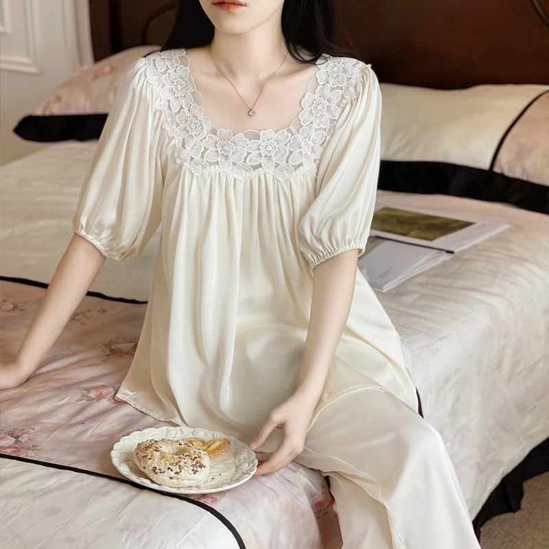 BIEN法式宫廷风睡衣女夏季新款甜美冰丝凉感短袖长裤复古带胸垫