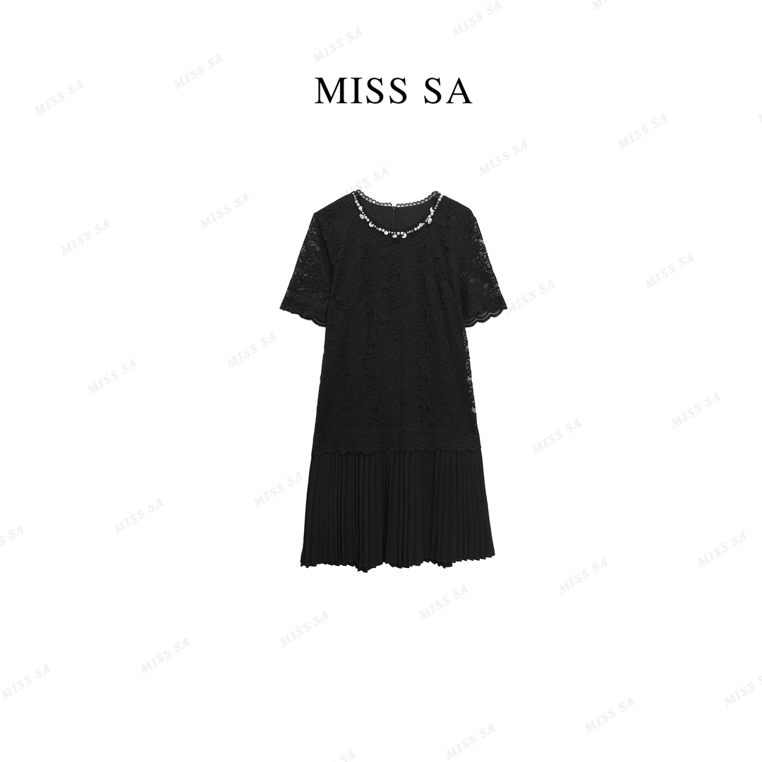 MISS SA 夏季新款气质时髦百搭蕾丝压褶精致拼接连衣裙25058650