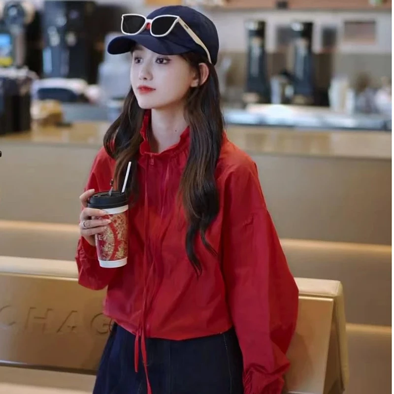 韩系简约休闲纯色慵懒风外套女夏季新款宽松立领抽绳百搭防晒上衣