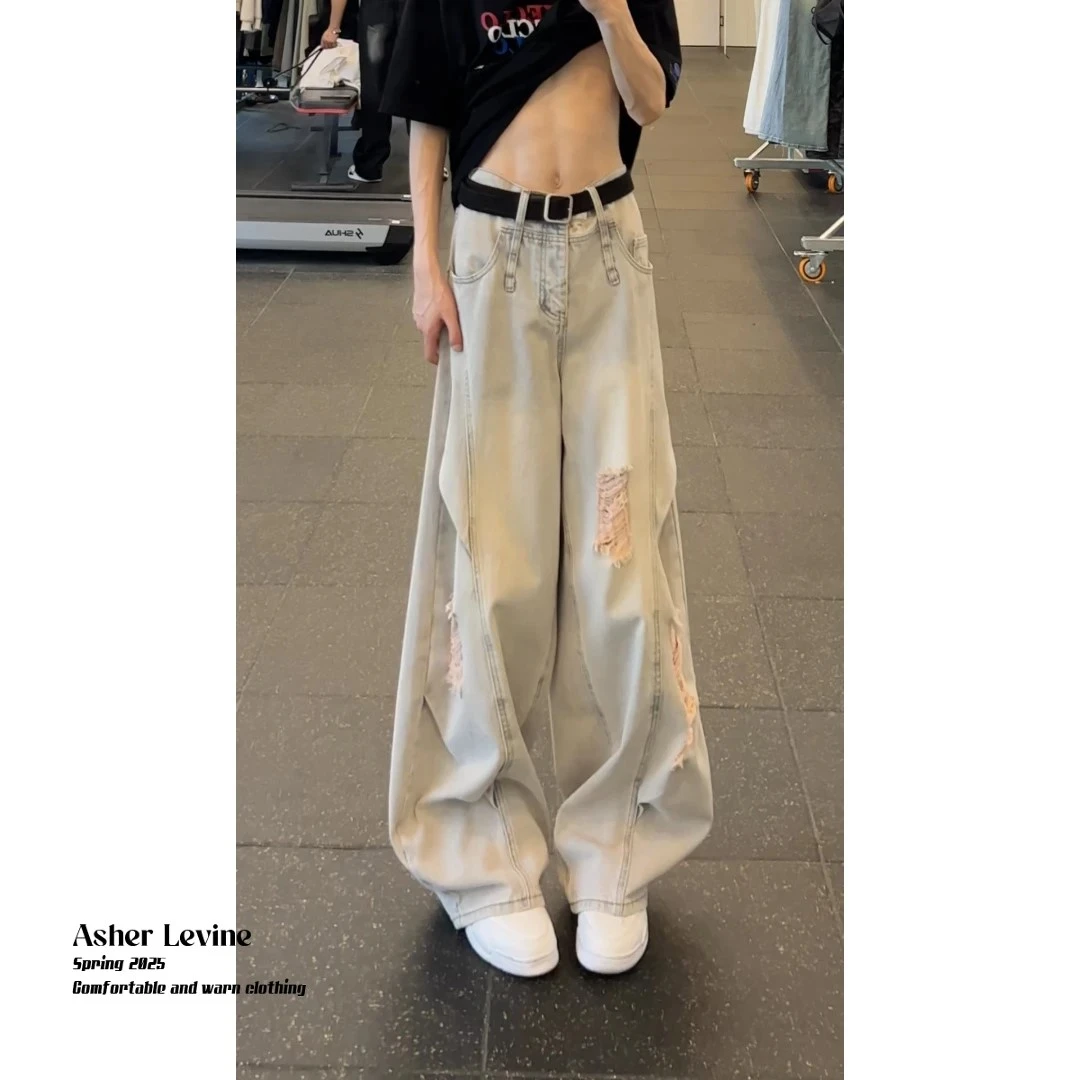 美式褶皱破洞弯刀牛仔裤男夏季设计感裤子goodpanda青少弯刀裤男