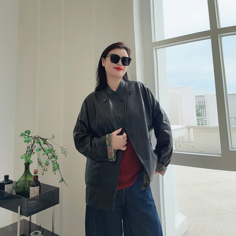 别格秀立领真皮皮衣大码绵羊皮外套宽松两面穿遮肚子显瘦微胖女装