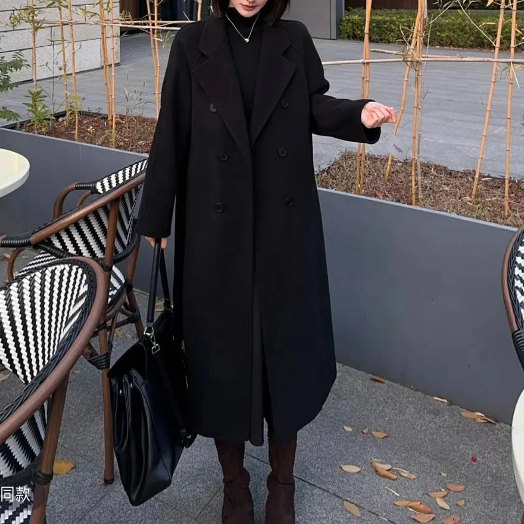 美女秋冬穿搭25年春秋季六粒扣气质毛呢过膝长款加厚双面呢大衣3
