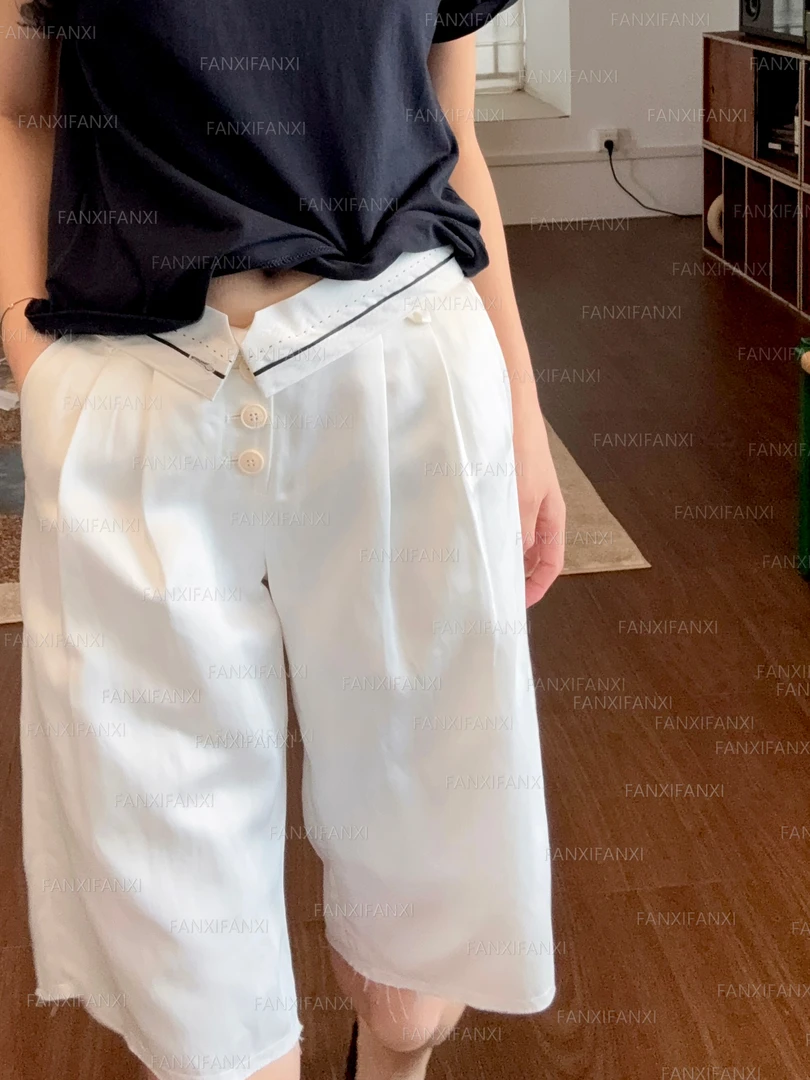 2025老钱风松弛感白色亚麻醋酸天丝褶锏百搭宽松显瘦直筒中裤K86