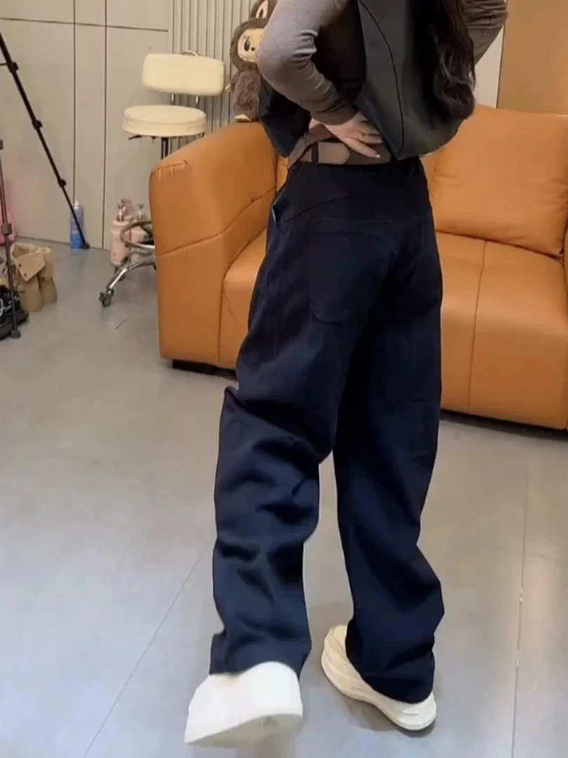 大码藏蓝色弯刀牛仔裤女秋冬胖mm梨型显瘦高腰宽松洋气直筒阔腿裤