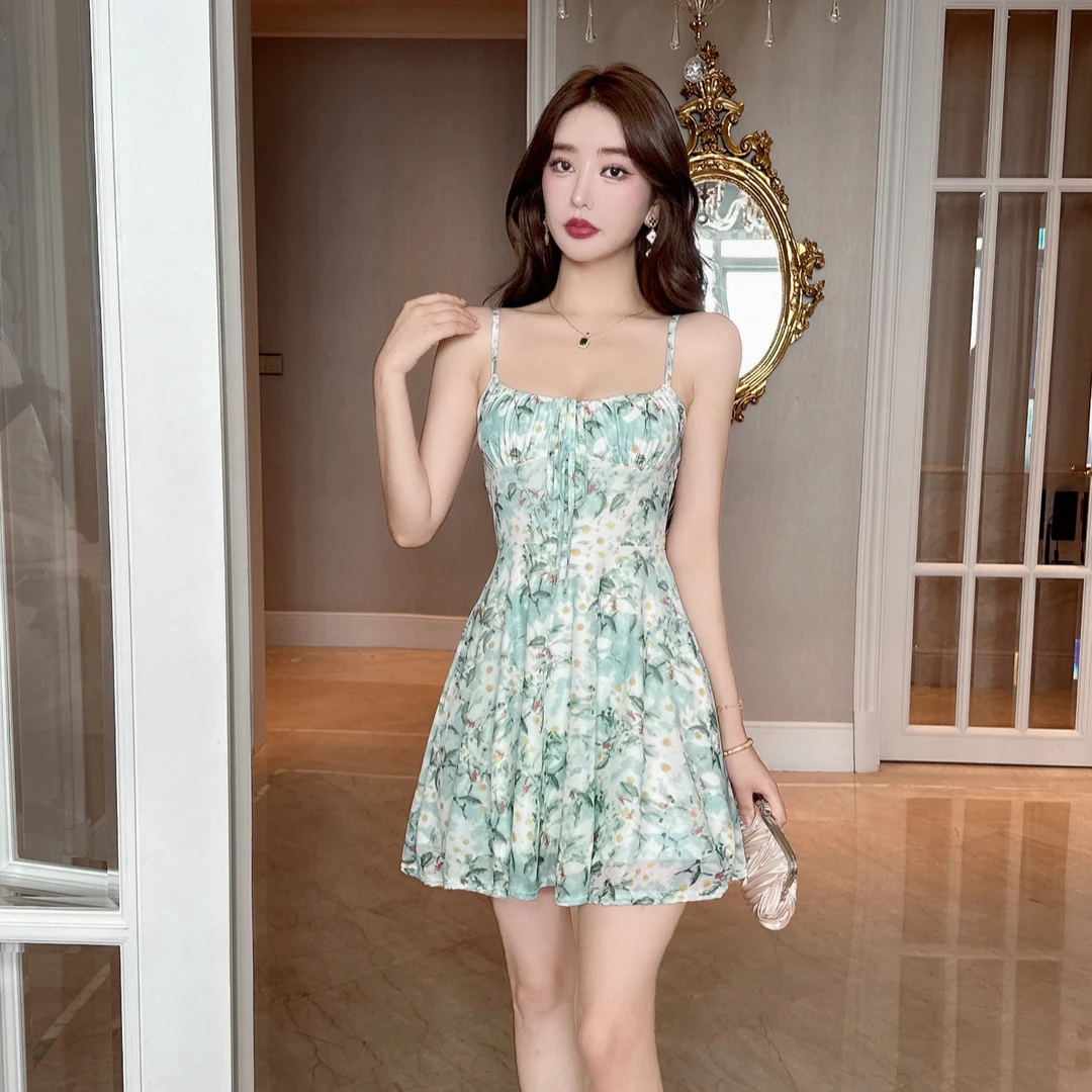 法式甜美清新吊带裙碎花网纱印花纯欲吊带连衣裙收腰显瘦A字裙子