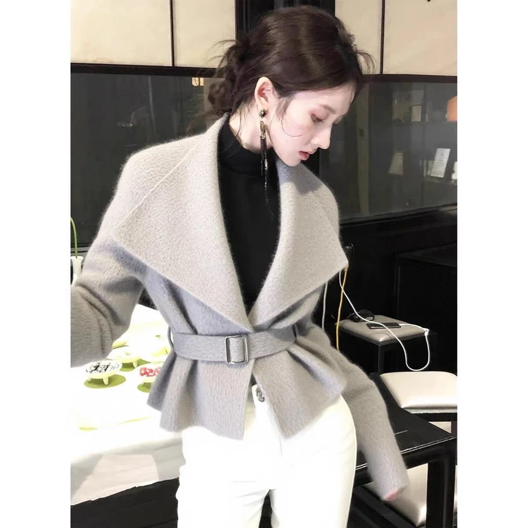 Y75小香风灰色毛衣外套女冬季轻熟气质名媛独特漂亮掐腰短款上衣