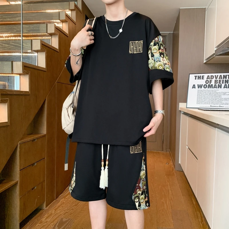 新中式休闲套装男宽松薄款短袖短裤两件套国风夏季大码t恤运动服