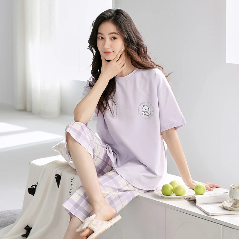新款纯棉睡衣女夏短袖七分裤大码宽松休闲韩版可外穿春家居服套装