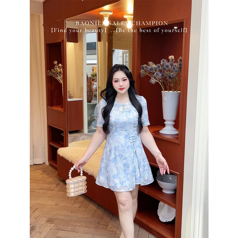 BAONI 2025夏季新款胖mm微胖大码连衣裙短裙两件套#U25X1264