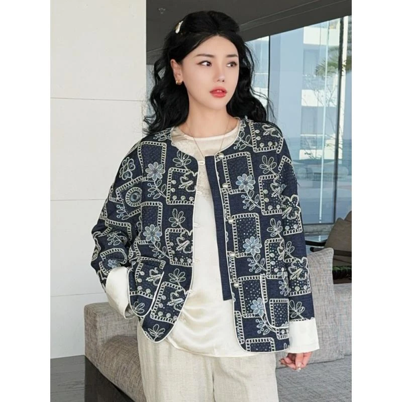 新中式重工刺绣亮片牛仔短外套女2025年春季新款百搭气质宽松上衣