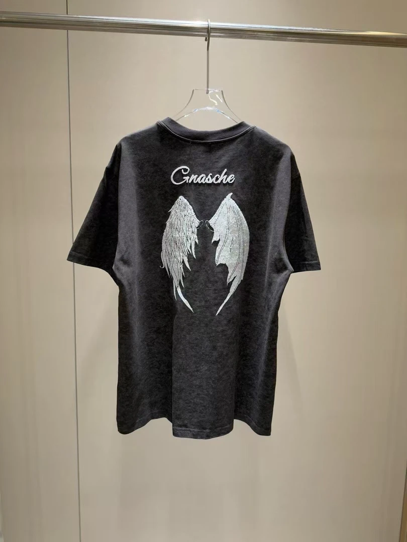 欧洲站欧货2025春夏重工艺珠片翅膀立体拱桥绣花圆领阔版短袖T恤