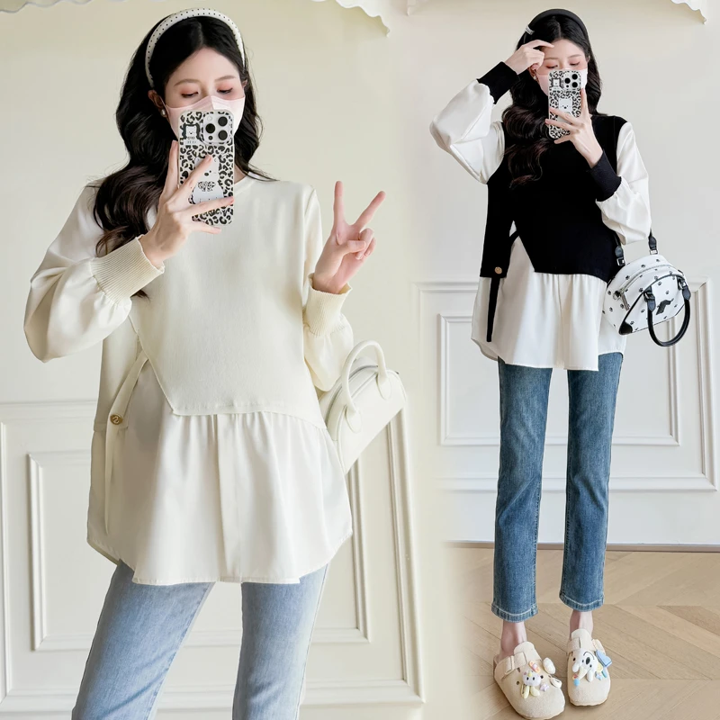 秋装新款2025孕妇装时尚上衣拼接设计感开叉假两件衬衫娃雪纺百搭