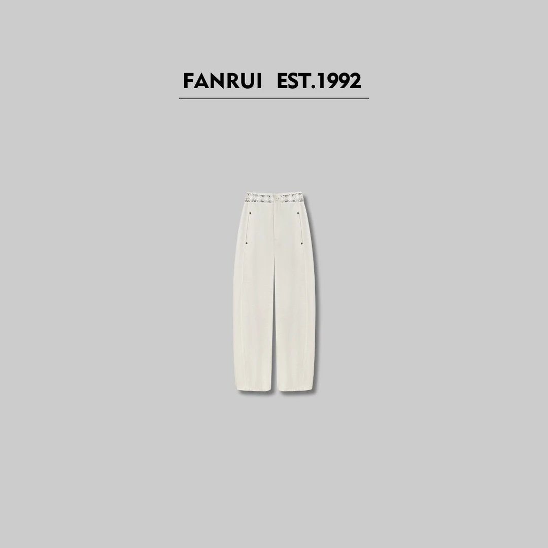 FANRUI/泛芮「70天丝30亚麻」刺绣蕾丝百搭设计感弯刀裤B15424